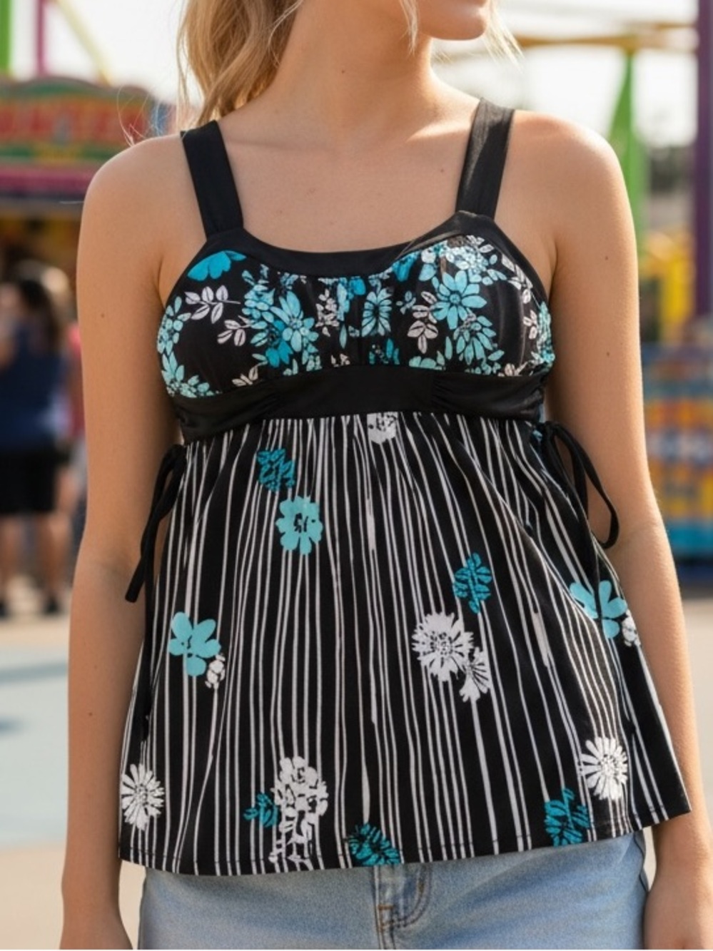 Speechless Floral Shelf Bra Tank Top Flowing Hem Small Teal Brown And White - Picture 2 of 3